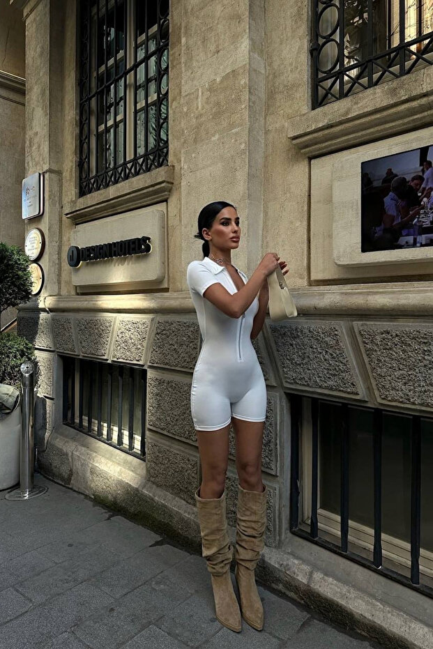 Kısa Kollu Fermuar Detaylı Basic Şort Tulum - 7