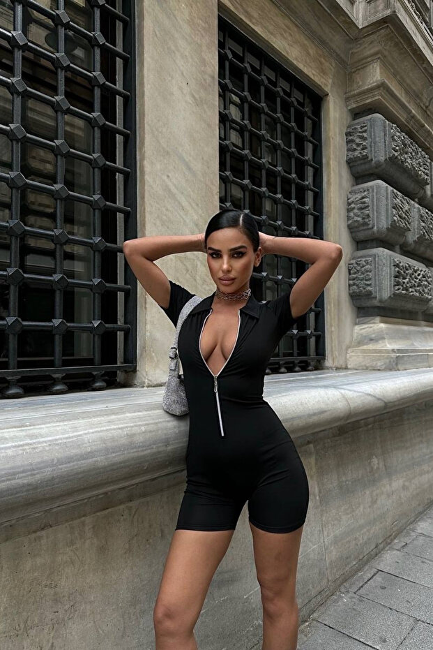 Kısa Kollu Fermuar Detaylı Basic Şort Tulum - 4