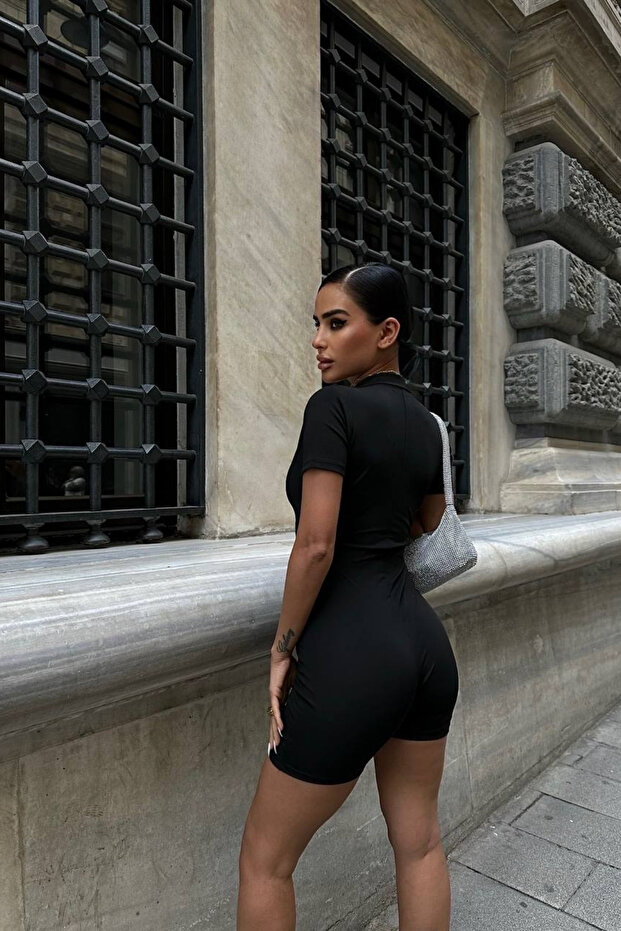 Kısa Kollu Fermuar Detaylı Basic Şort Tulum - 6