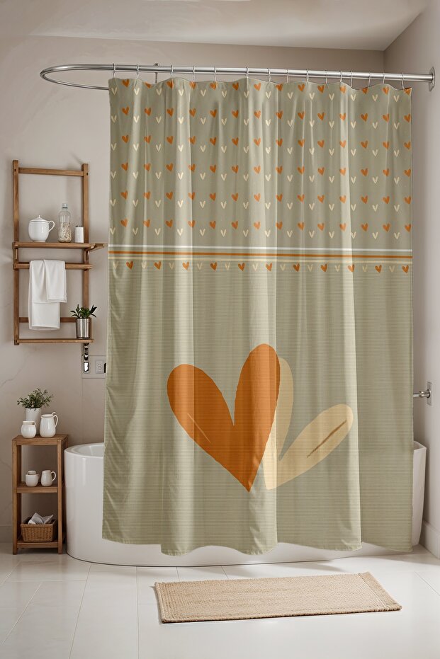 Bathroom Curtain, Linen Hearts Patterned Shower Curtain, Bathtub Curtain 175X200Cm