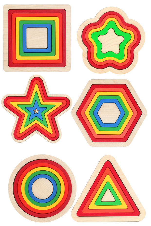 6-Piece Geometric Shapes with Wooden Base and 3D Printing Colors - 14 cm Montessori Set