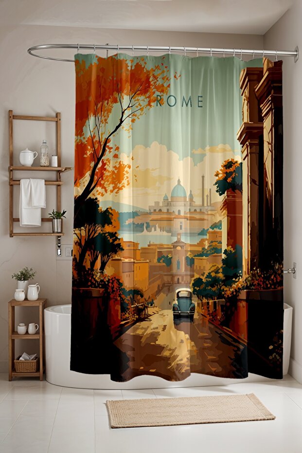 Bathroom Curtain, Roman Streets Patterned Shower Curtain, Bathtub Curtain 175X200Cm