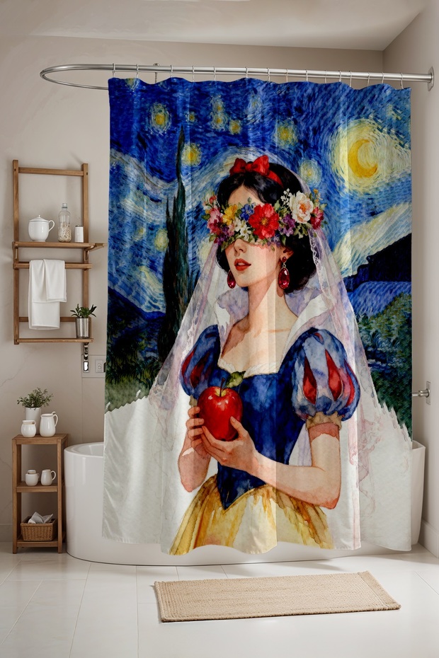 Bathroom Curtain, Cotton Patterned Shower Curtain in Starry Night, Bathtub Curtain 175X200Cm