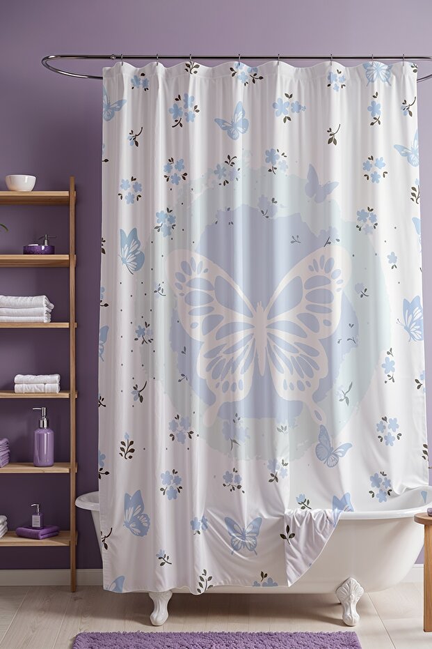Bathroom Curtain, Blue Pastel Butterflies Patterned Shower Curtain, Bathtub Curtain 175X200Cm
