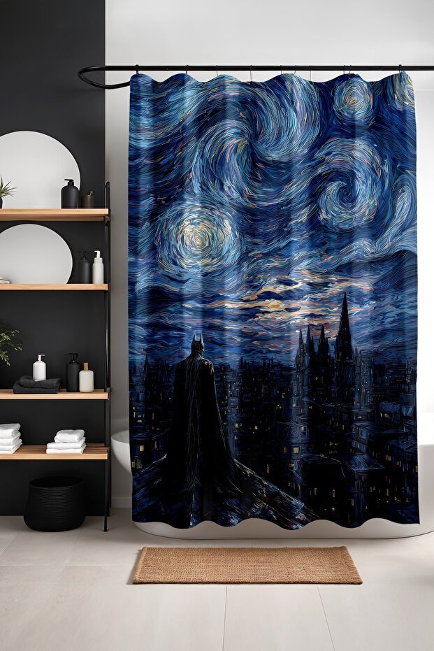 Bathroom Curtain, Black Man Patterned Shower Curtain in Starry Night, Bathtub Curtain 175X200Cm