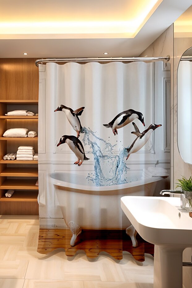 Bathroom Curtain, Penguins in the Bathtub Patterned Shower Curtain, Bathtub Curtain 175X200Cm