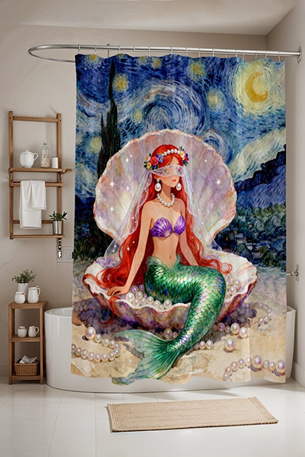 Bathroom Curtain, Mermaid Patterned Shower Curtain in Starry Night, Bathtub Curtain 175X200Cm