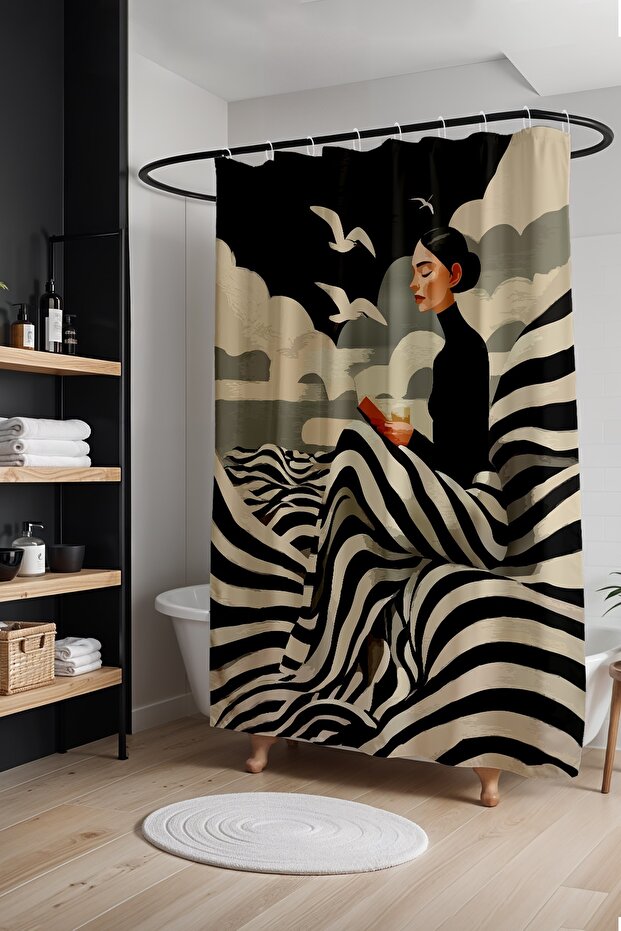 Bathroom Curtain, Striped Silence Patterned Shower Curtain, Bathtub Curtain 175X200Cm