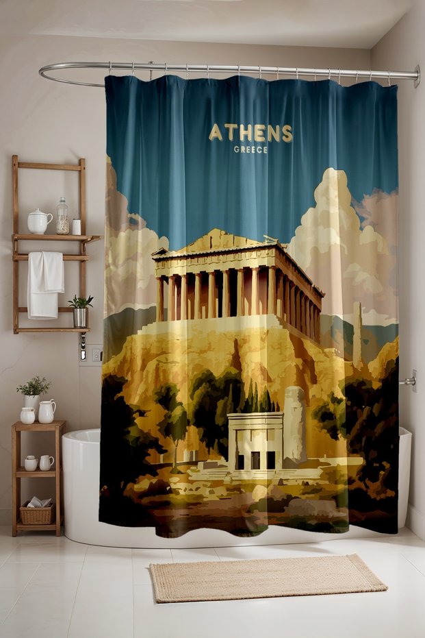 Bathroom Curtain, Athens Shadow of the Gods Patterned Shower Curtain, Bathtub Curtain 175X200Cm