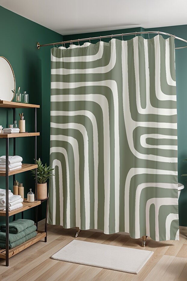 Bathroom Curtain, Bohemian Powder Green Stripes Patterned Shower Curtain, Bathtub Curtain 175X200Cm