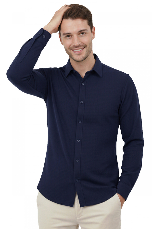 Navy Blue Modal Fabric Lycra Comfortable Fit Wrinkle-Free Iron-Free Men's Shirt 2602629