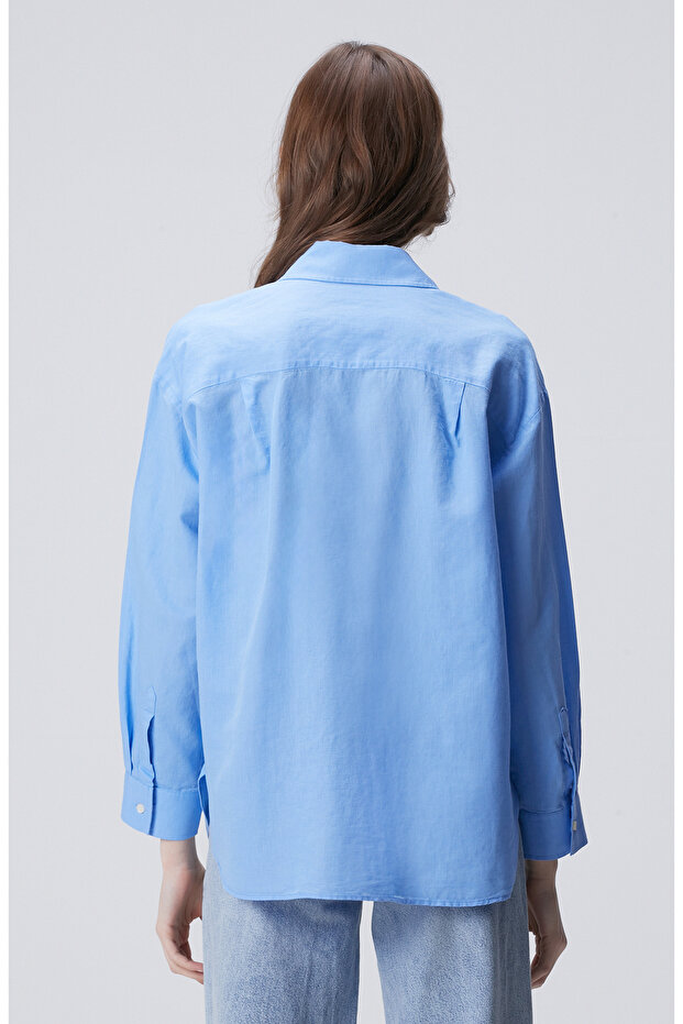 Mavi Cep Detaylı Basic Keten Karışımlı Gömlek - 5