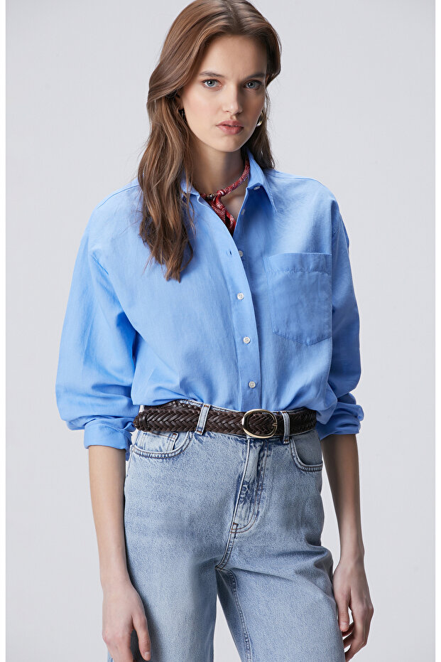 Mavi Cep Detaylı Basic Keten Karışımlı Gömlek - 4