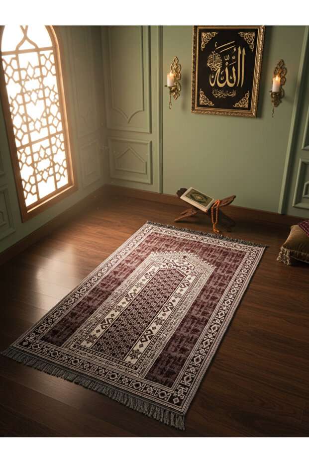 My Evilla Seccade Lightweight Foldable Washable Prayer Mat with Stylish Motifs, Dowry Box and Gift, Burgundy 3