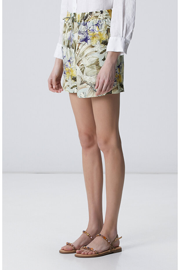 Yeşil Desenli Keten Şort - 2