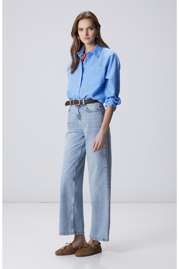 Mavi Cep Detaylı Basic Keten Karışımlı Gömlek - 3