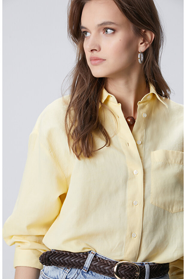 Sarı Cep Detaylı Basic Keten Karışımlı Gömlek - 2
