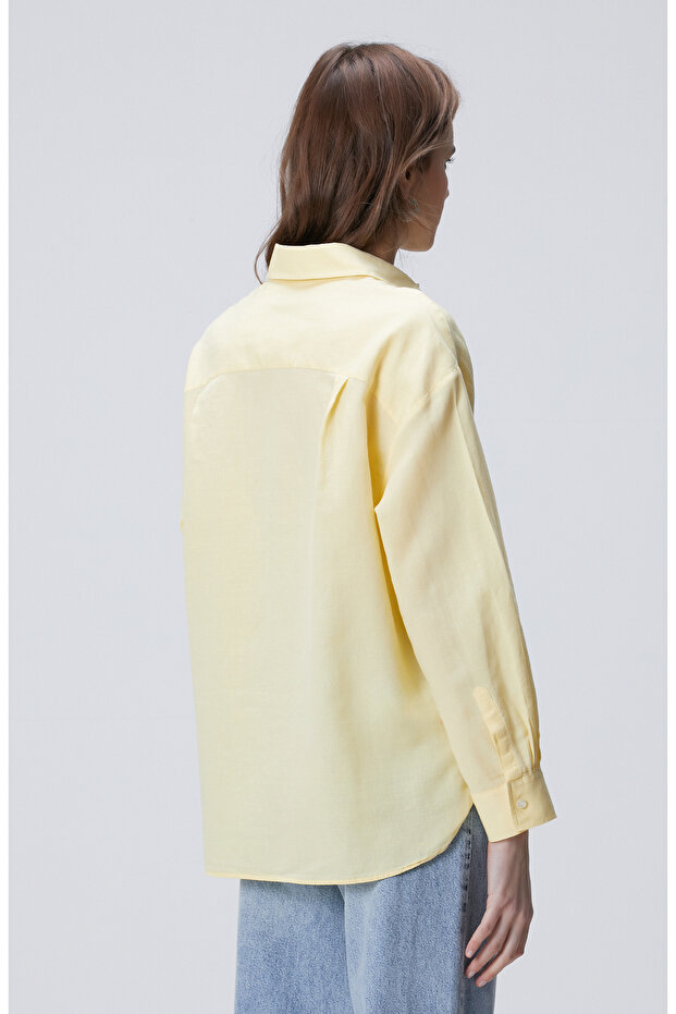Sarı Cep Detaylı Basic Keten Karışımlı Gömlek - 5