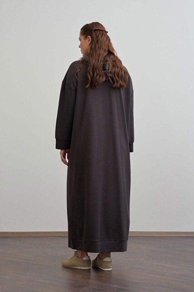 Acı Kahve-Büyük Beden Kapüşonlu Basic Örme Elbise - 3