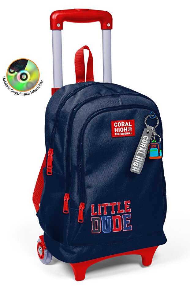 Kids Navy Blue Little Dude Patterned Three-Compartment Wheeled School Backpack 34019