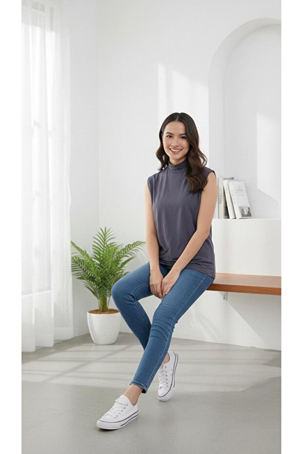 Women's Sleeveless Bodysuit Zero Sleeve Turtleneck Badi Super Quality Turtleneck Smoked