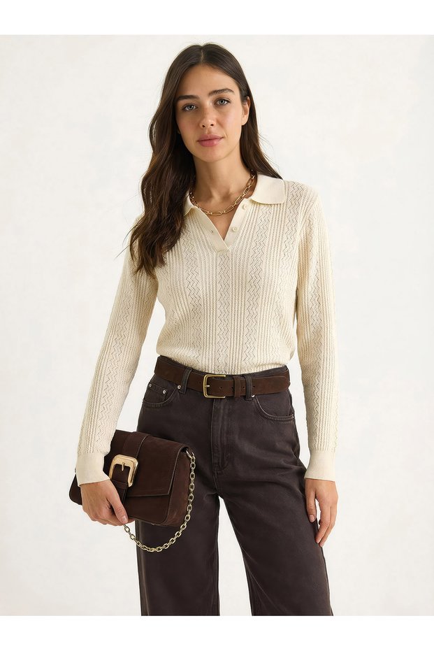 Women's Cream Polo Collar Regular Fit Knitwear Sweater 20258063