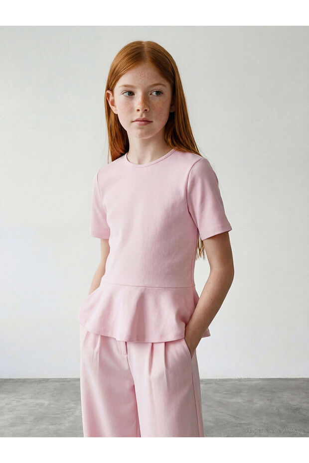 Lcw Kids Pink Crew Neck Girl's Ruffled T-Shirt