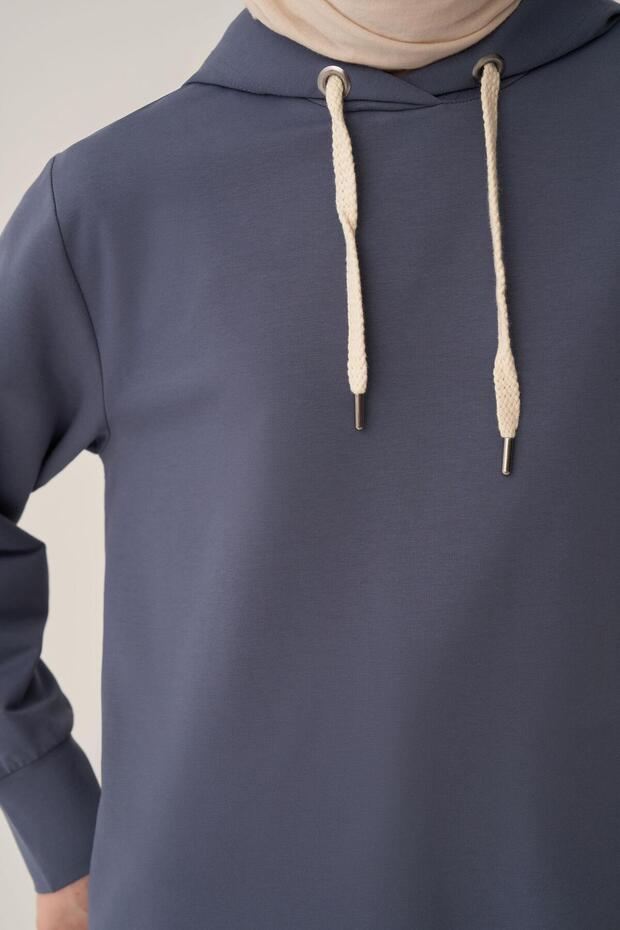 Mavi-Kapüşonlu Rahat Tunik - 6
