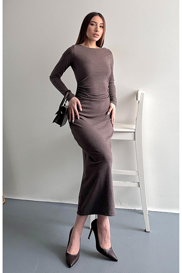 Brown Gathered Long Dress - 261004