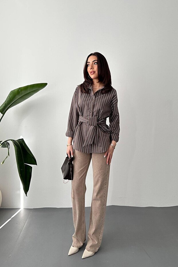 Bağlama Detaylı Çizgili Gömlek - 3