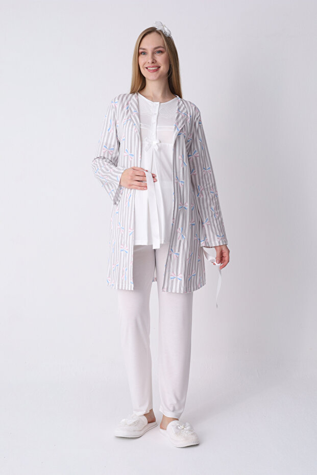 Maternity Pajama and Dressing Gown Set 3-Piece – Maternity Pajamas with Crew Neck, Striped Pattern, Cotton Viscose