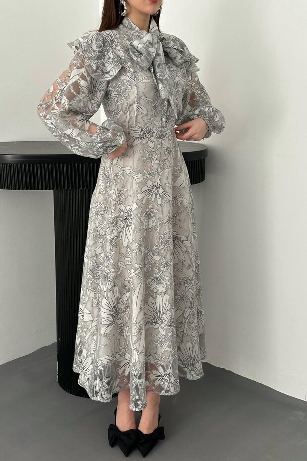 Rochie cu detaliu eșarfă la guler - 3