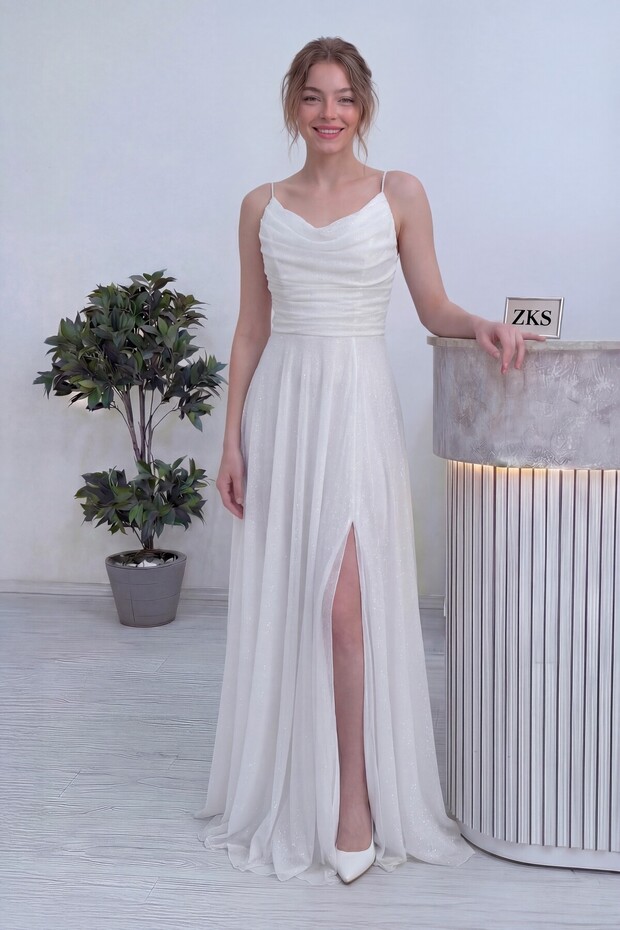 Women's Strappy Front Draped Slit Glitter Evening Dress in Plum, Lilac, White, Black