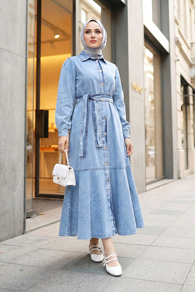 Buttoned Skirt Ruffle Denim Dress - Light Blue