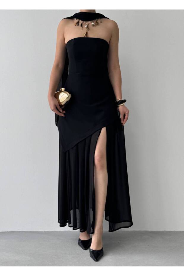 Luen Yırtmaç Detaylı Elbise - 6