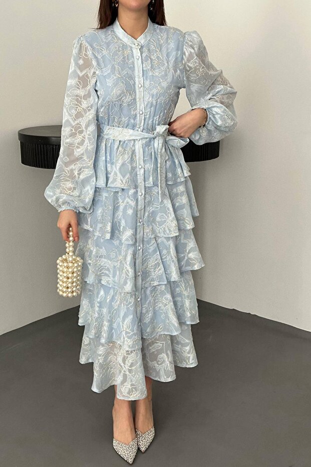 Volanlı Şeritli Kat Kat Jakarlı Elbise - 4