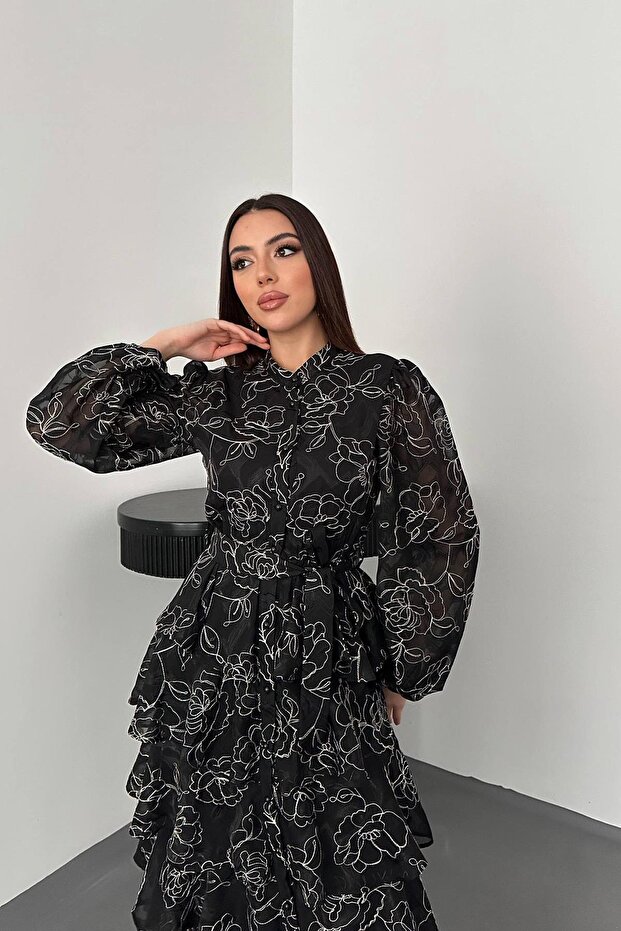 Volanlı Şeritli Kat Kat Jakarlı Elbise - 2