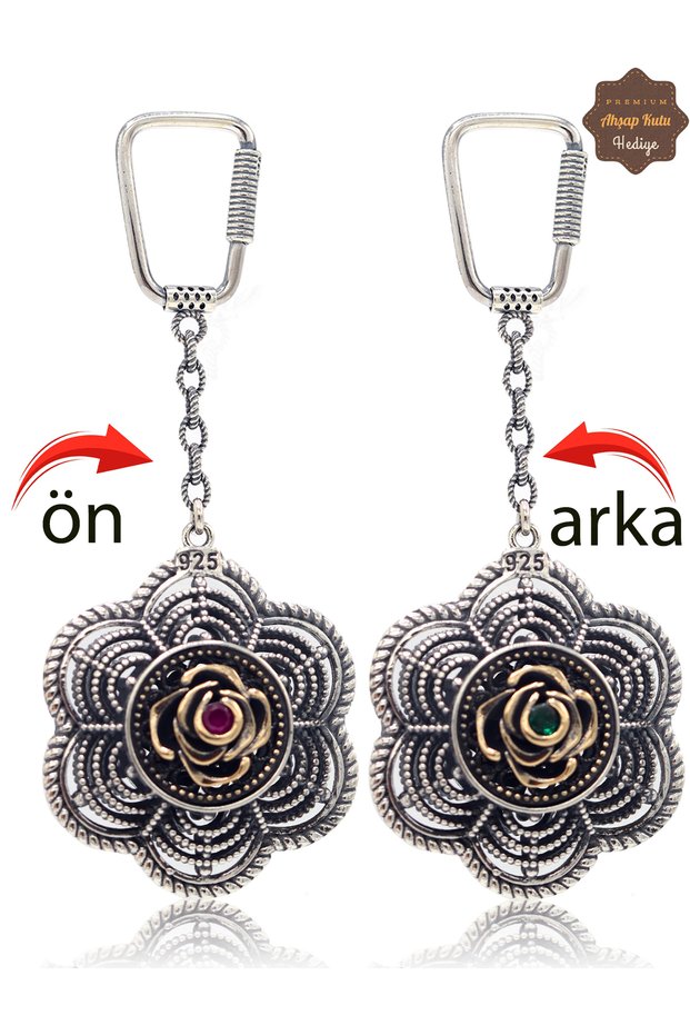 Ruby and Emerald Stone Rose Model Double Sided Oxidized Silver Filigree Keychain 201025185
