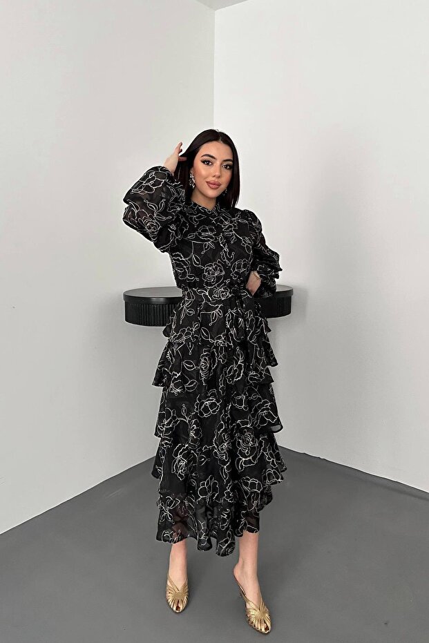 Volanlı Şeritli Kat Kat Jakarlı Elbise - 1