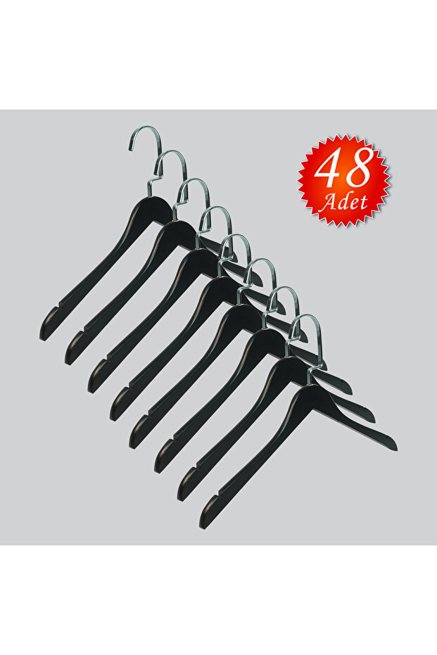 Wooden (Silver Hook Lama) Clothes, Shirts, Blouses Hanger Black Color 48 Pieces