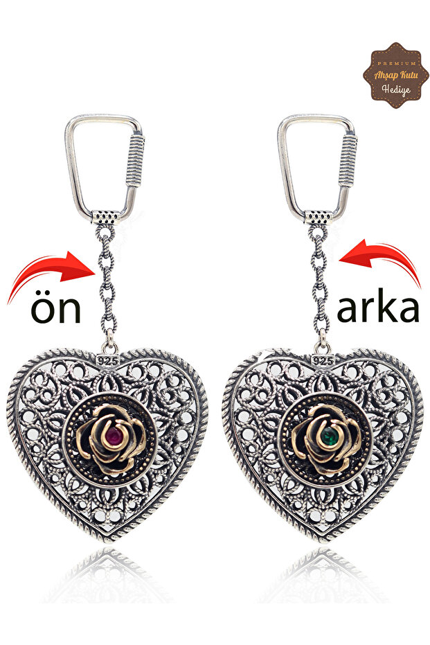 Ruby and Emerald Stone Heart Model Double-Sided Oxidized Silver Filigree Keychain 201025186