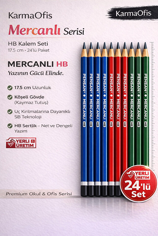 Mercanlı Series Hb Pencil 24 Pieces – Durable Tip, Angled Design, Domestic Production