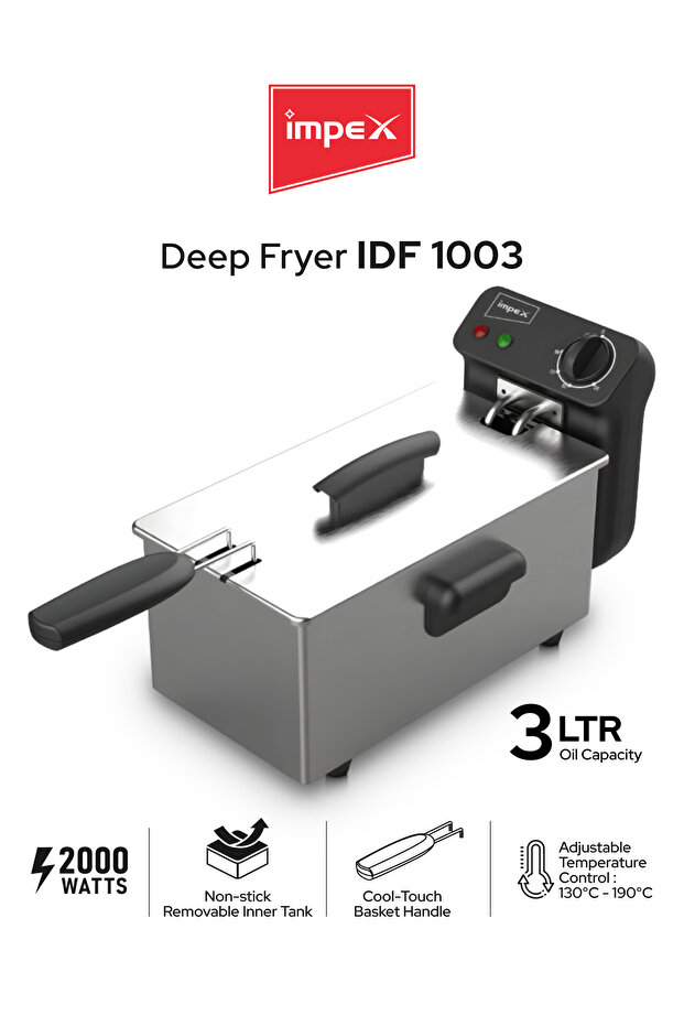 IDF 1003 3L Deep Fryer 2000W 130–190°C Non-Stick Tank SS Design 3L Oil Caps Indicator lights