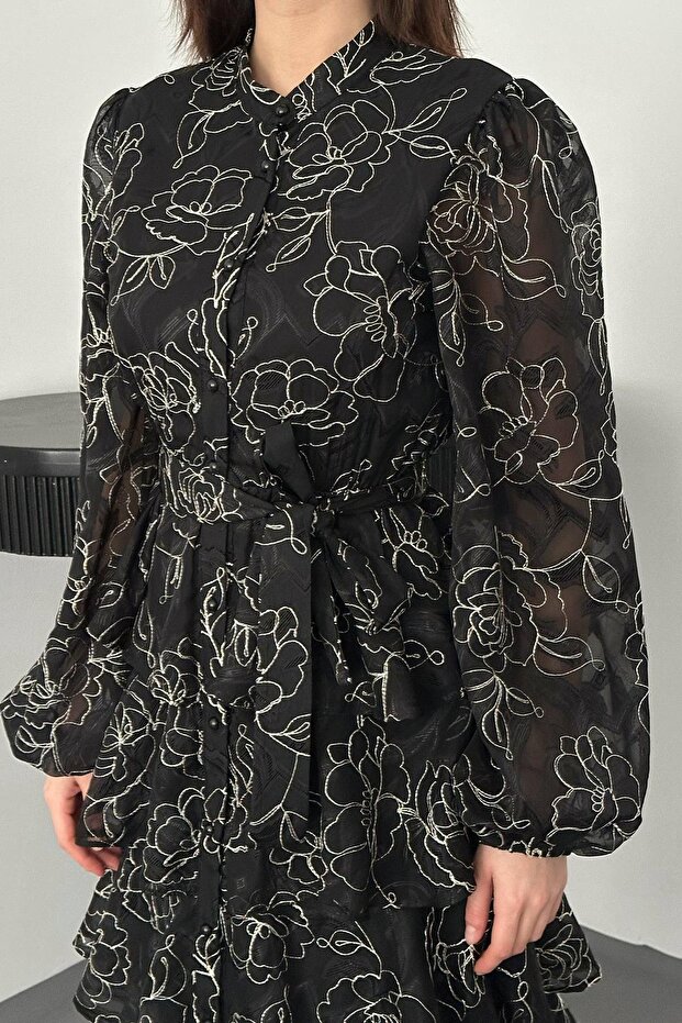 Volanlı Şeritli Kat Kat Jakarlı Elbise - 3