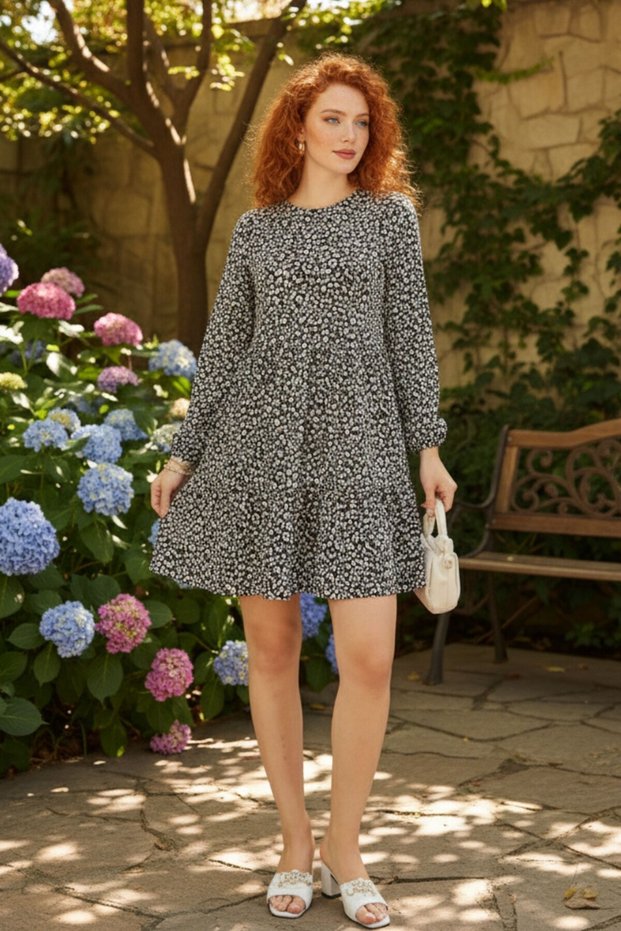 Women's Black Floral Patterned Long Sleeve Mini Loose Cut Dress – Casual and Special Occasion Women's Dress