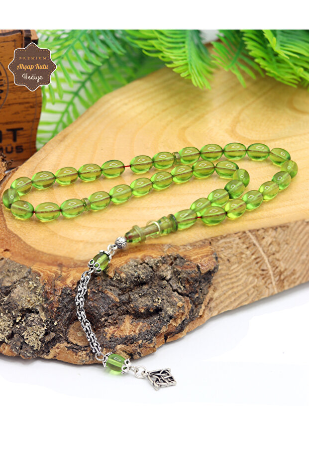 Transparent Green Barley Cut Silver Tassel Fire Amber Prayer Beads 201025213