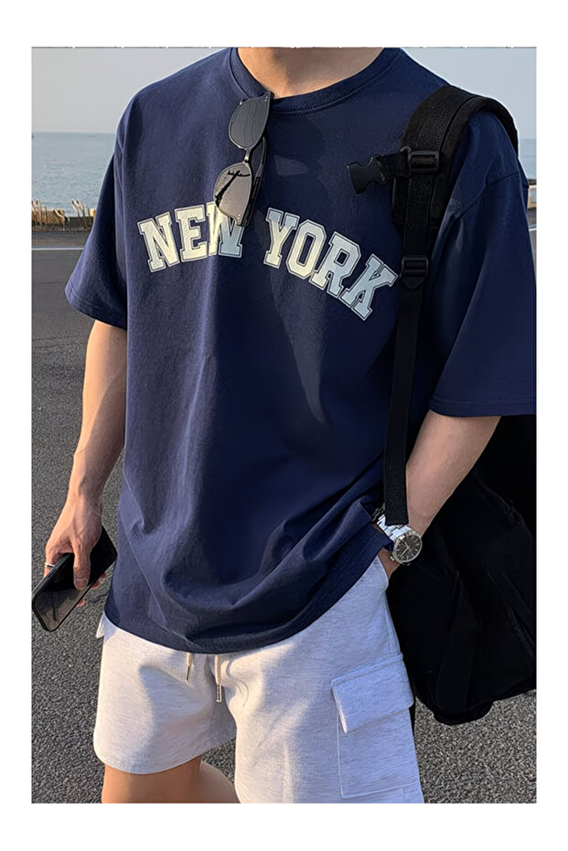 Unisex New York Printed Navy Blue Oversize T-Shirt