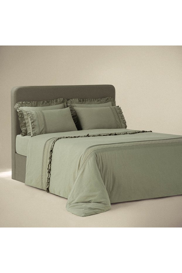 Adelya King Size Duvet Cover Set 100% Organic Cotton Linen Embroidered Green 240X220 cm