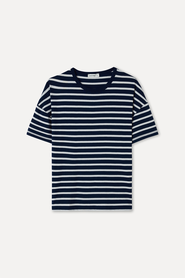 Women's Navy Blue Striped Oversize Crew Neck T-Shirt