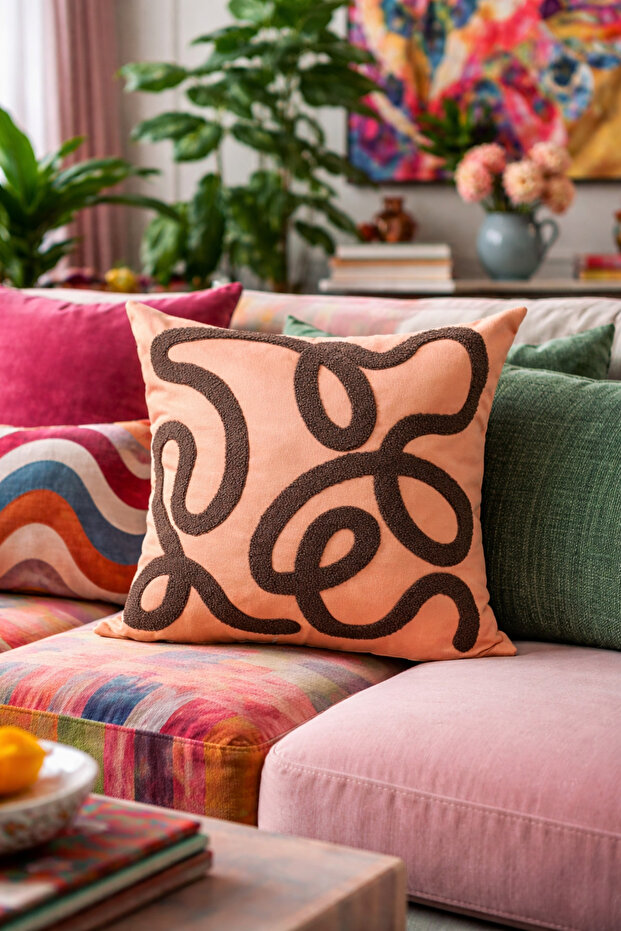 Punch Embroidered Throw Pillow Cover - 43*43 cm - Curve - Pnk001